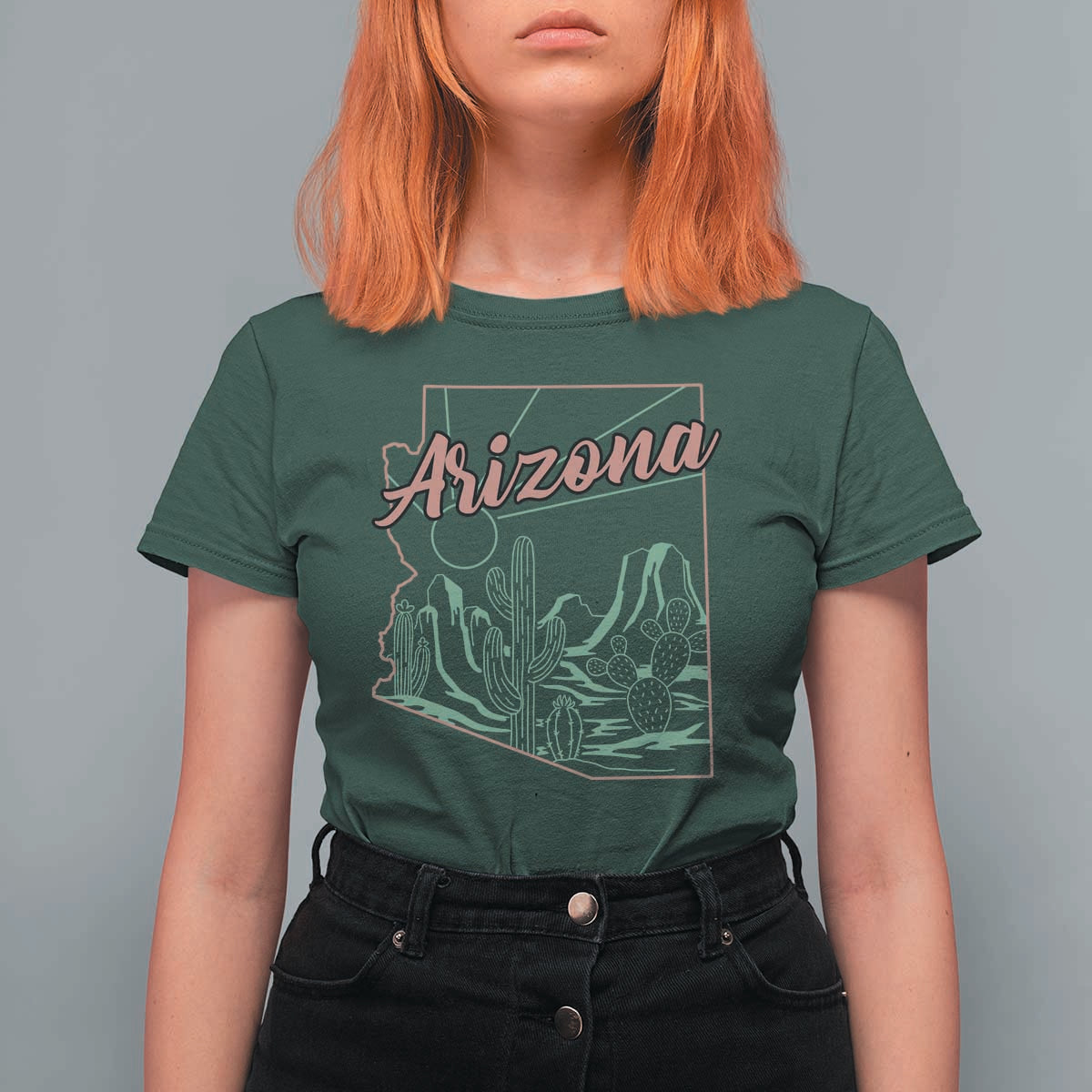 Vintage Arizona State Outline Desert Sunset Graphic T Shirt For Women Retro Southwest Saguaro Cactus Travel Souvenir