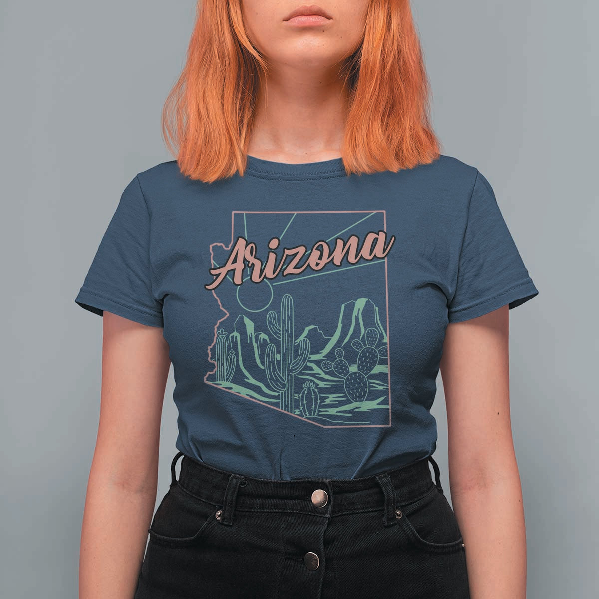 Vintage Arizona State Outline Desert Sunset Graphic T Shirt For Women Retro Southwest Saguaro Cactus Travel Souvenir