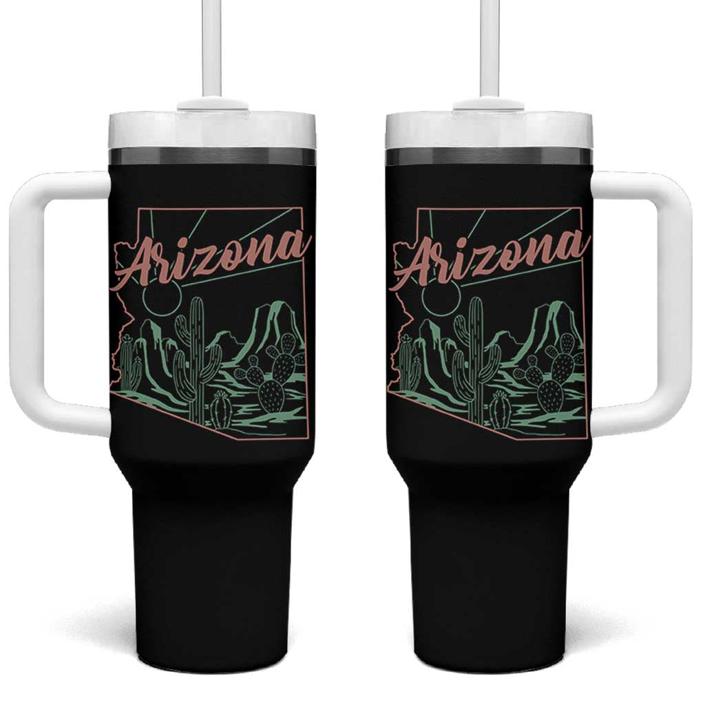 Vintage Arizona State Outline Desert Sunset Graphic Tumbler With Handle Retro Southwest Saguaro Cactus Travel Souvenir