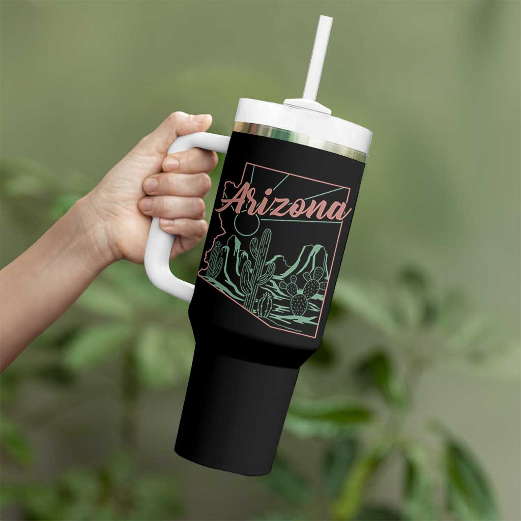 Vintage Arizona State Outline Desert Sunset Graphic Tumbler With Handle Retro Southwest Saguaro Cactus Travel Souvenir