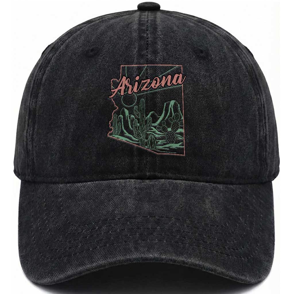 Vintage Arizona State Outline Desert Sunset Graphic Washed Cotton Baseball Cap Retro Southwest Saguaro Cactus Travel Souvenir