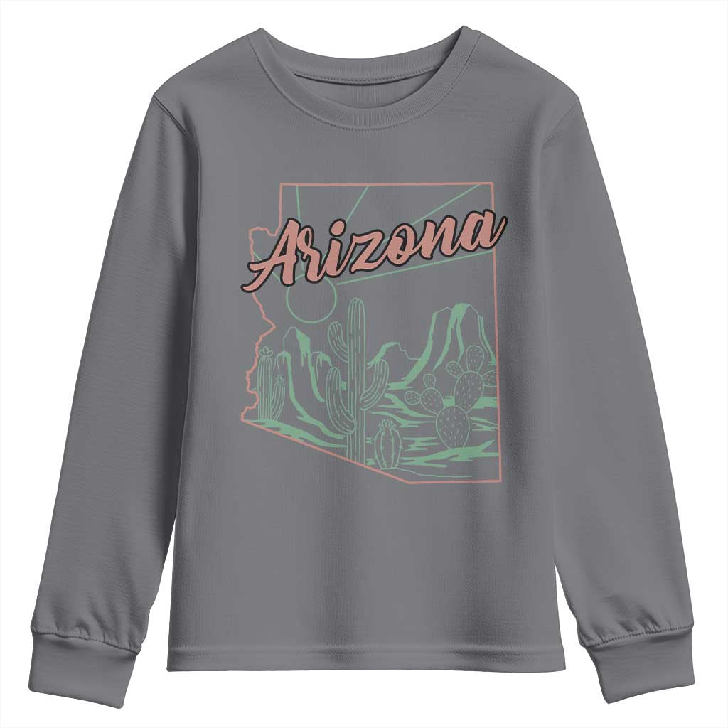 Vintage Arizona State Outline Desert Sunset Graphic Youth Sweatshirt Retro Southwest Saguaro Cactus Travel Souvenir