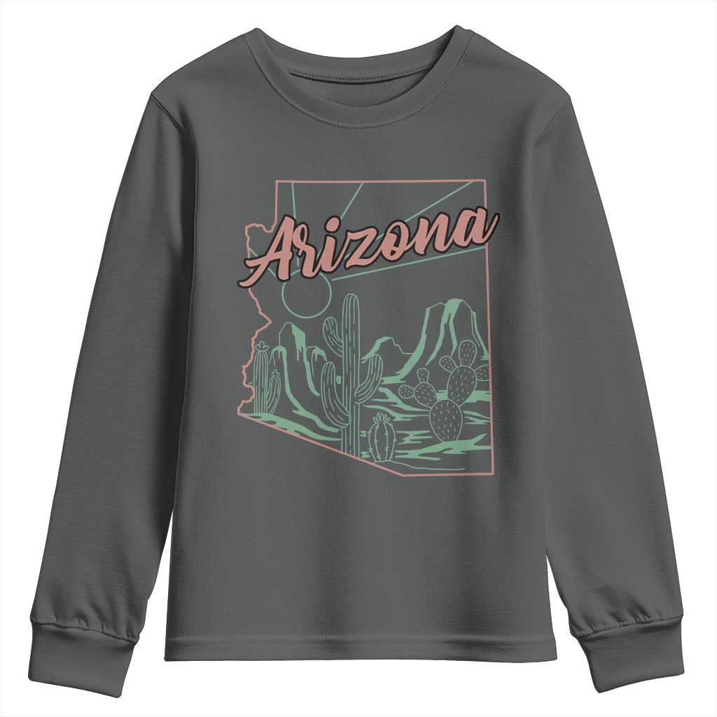 Vintage Arizona State Outline Desert Sunset Graphic Youth Sweatshirt Retro Southwest Saguaro Cactus Travel Souvenir