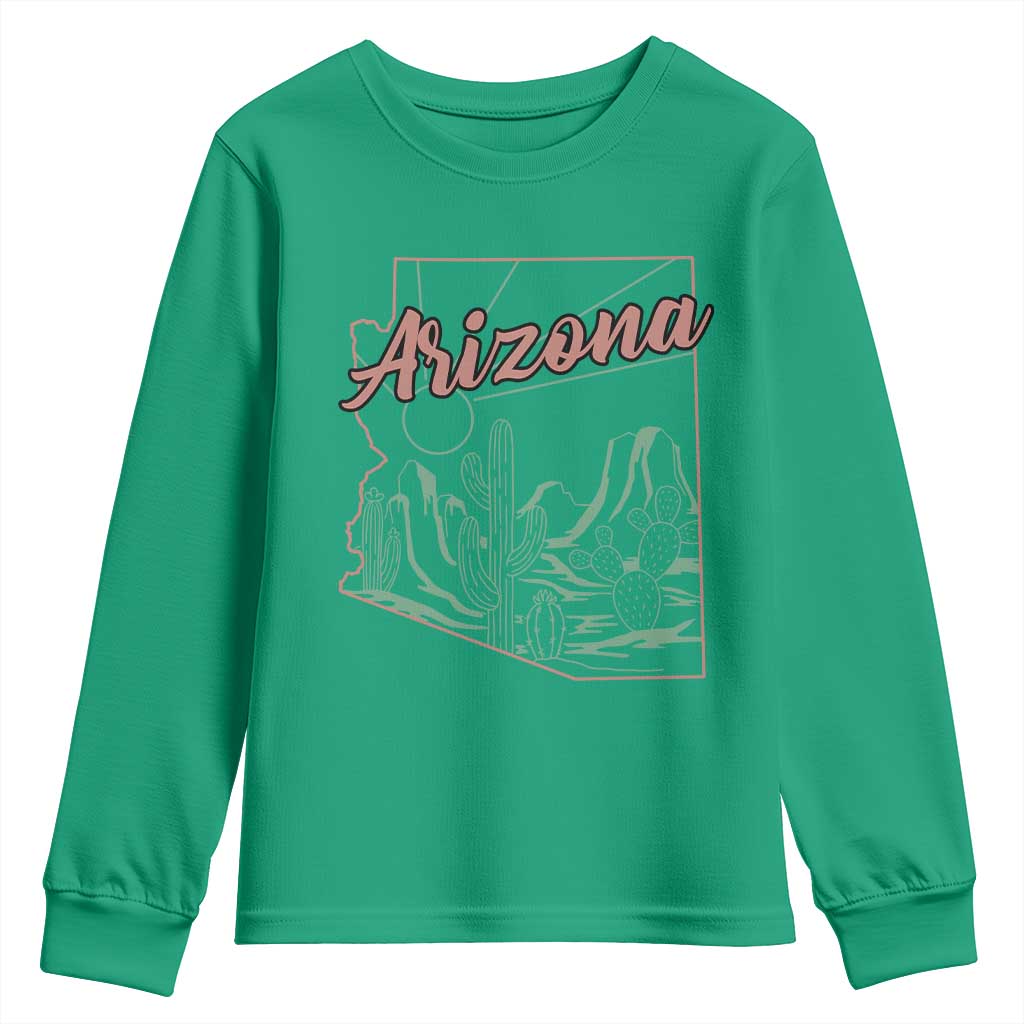 Vintage Arizona State Outline Desert Sunset Graphic Youth Sweatshirt Retro Southwest Saguaro Cactus Travel Souvenir