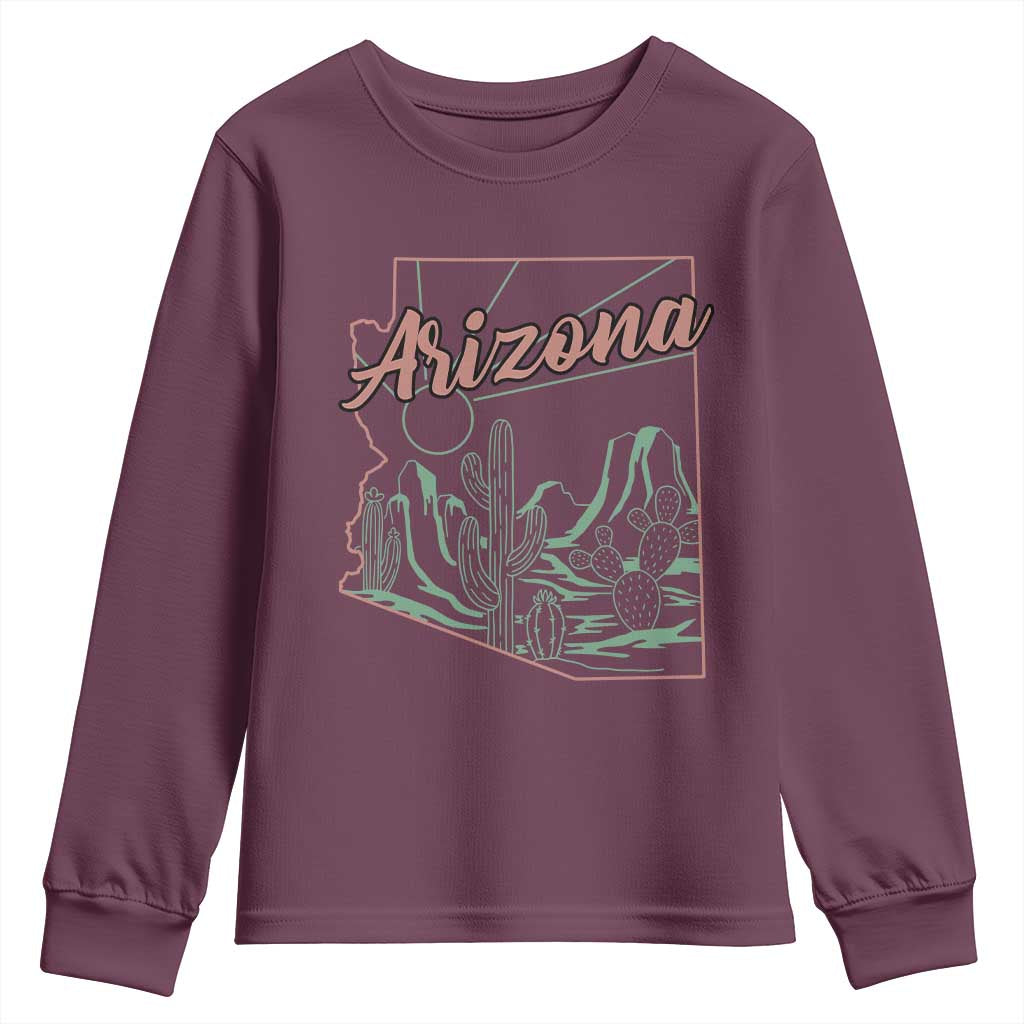 Vintage Arizona State Outline Desert Sunset Graphic Youth Sweatshirt Retro Southwest Saguaro Cactus Travel Souvenir