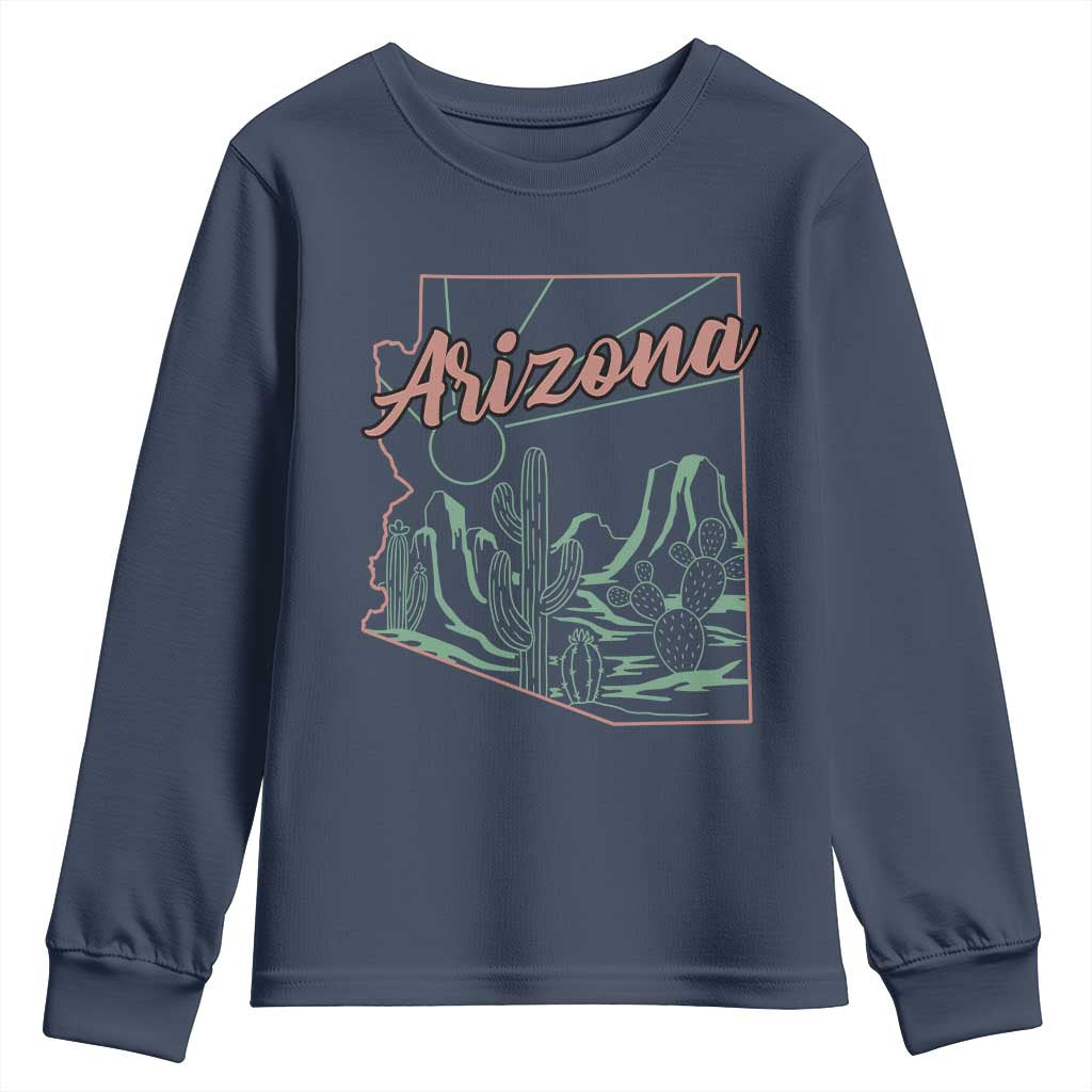 Vintage Arizona State Outline Desert Sunset Graphic Youth Sweatshirt Retro Southwest Saguaro Cactus Travel Souvenir