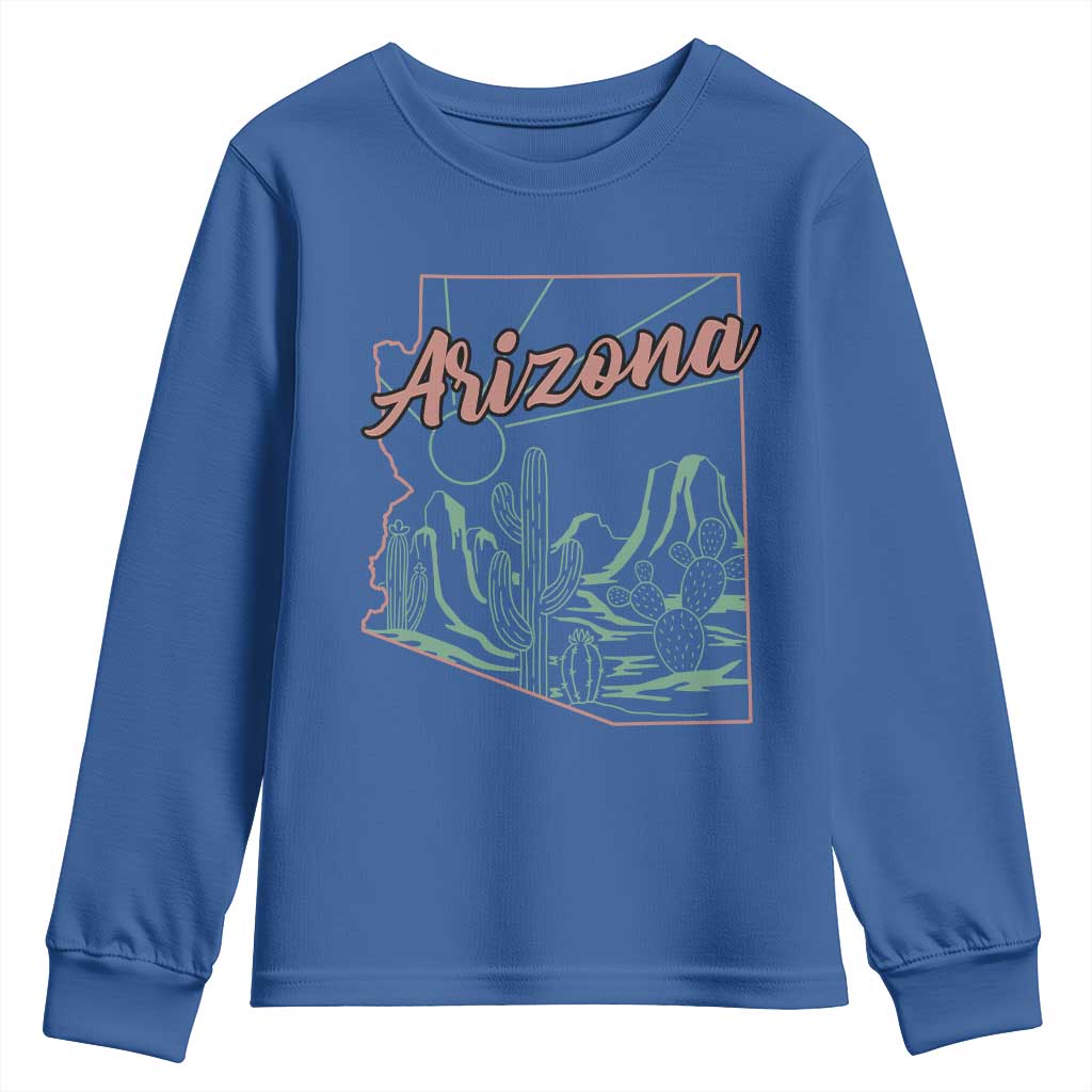 Vintage Arizona State Outline Desert Sunset Graphic Youth Sweatshirt Retro Southwest Saguaro Cactus Travel Souvenir