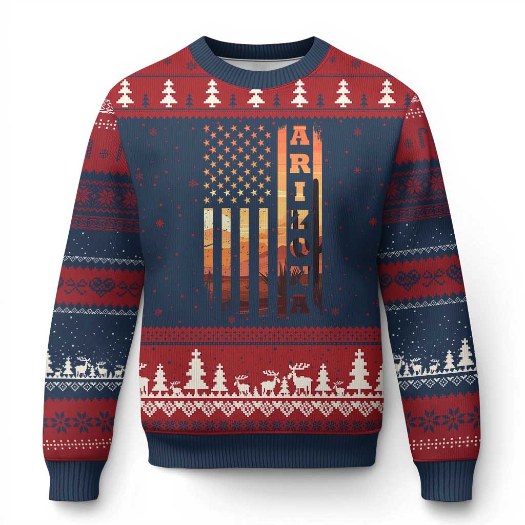 Patriotic Arizona Flag Sunset Graphic Ugly Christmas Sweater American Flag Southwest Desert Saguaro Cactus State Pride Souvenir
