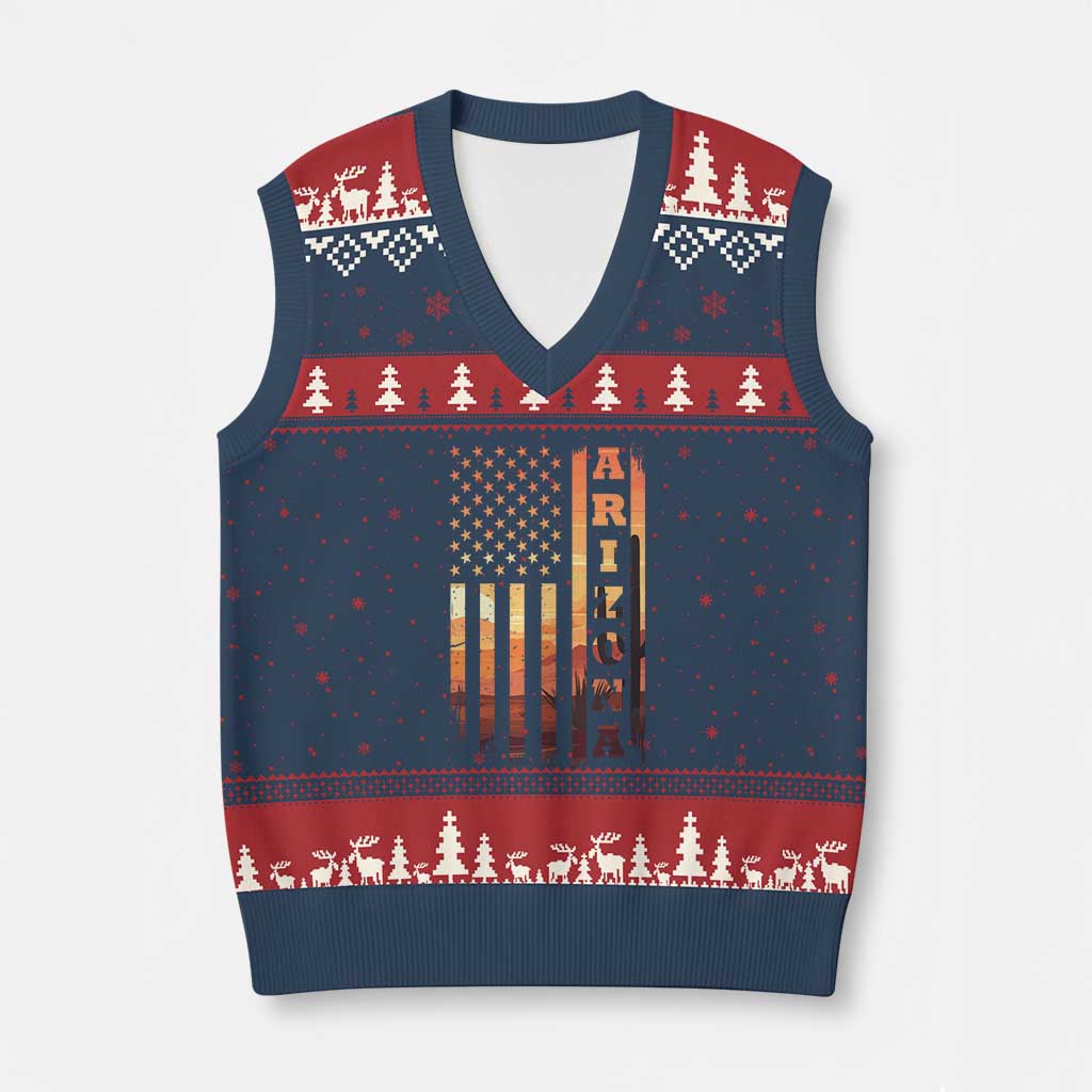 Patriotic Arizona Flag Sunset Graphic V-Neck Knit Sweater Vest American Flag Southwest Desert Saguaro Cactus State Pride Souvenir