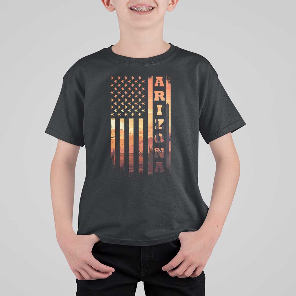 Patriotic Arizona Flag Sunset Graphic T Shirt For Kid American Flag Southwest Desert Saguaro Cactus State Pride Souvenir