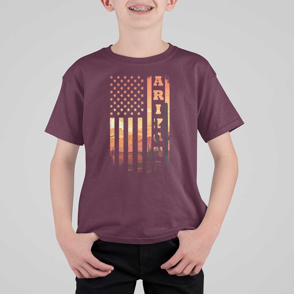 Patriotic Arizona Flag Sunset Graphic T Shirt For Kid American Flag Southwest Desert Saguaro Cactus State Pride Souvenir