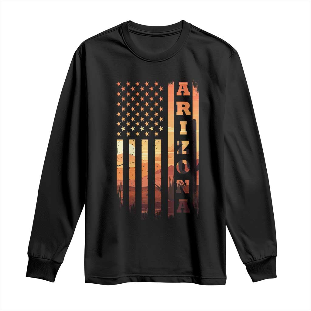 Patriotic Arizona Flag Sunset Graphic Long Sleeve Shirt American Flag Southwest Desert Saguaro Cactus State Pride Souvenir