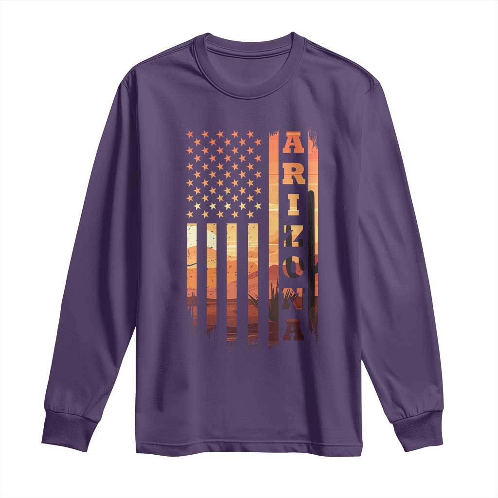 Patriotic Arizona Flag Sunset Graphic Long Sleeve Shirt American Flag Southwest Desert Saguaro Cactus State Pride Souvenir