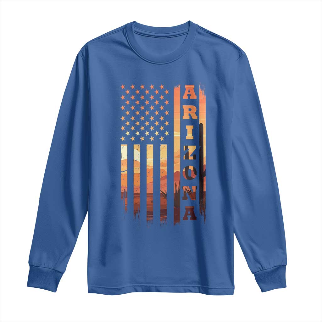 Patriotic Arizona Flag Sunset Graphic Long Sleeve Shirt American Flag Southwest Desert Saguaro Cactus State Pride Souvenir