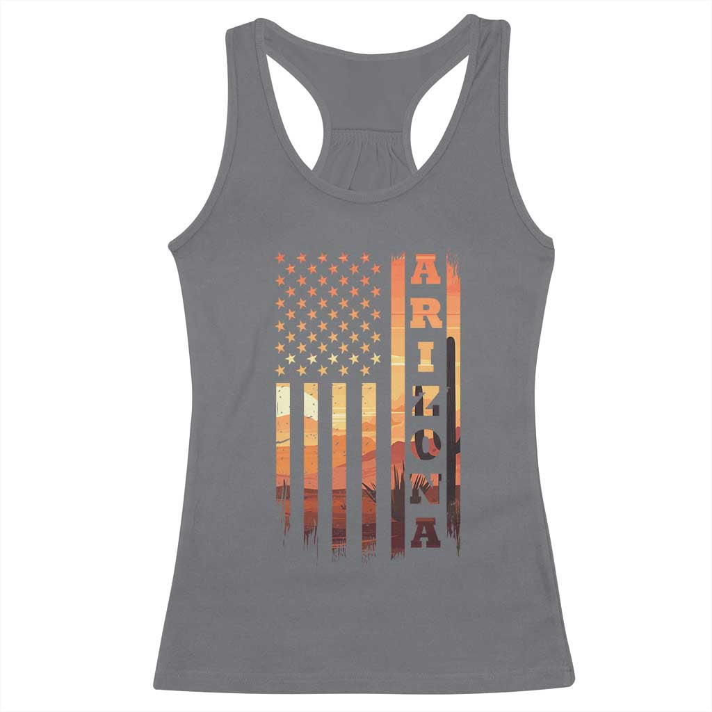 Patriotic Arizona Flag Sunset Graphic Racerback Tank Top American Flag Southwest Desert Saguaro Cactus State Pride Souvenir