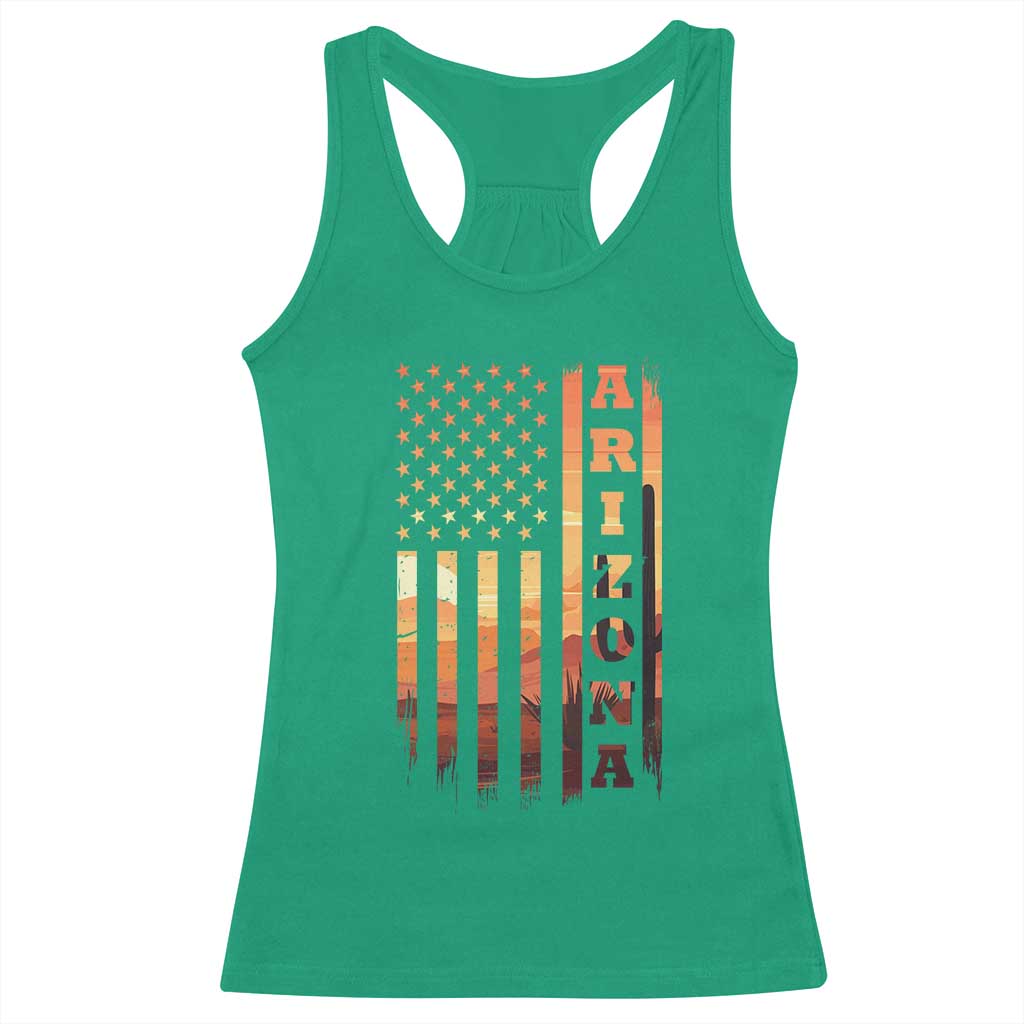 Patriotic Arizona Flag Sunset Graphic Racerback Tank Top American Flag Southwest Desert Saguaro Cactus State Pride Souvenir