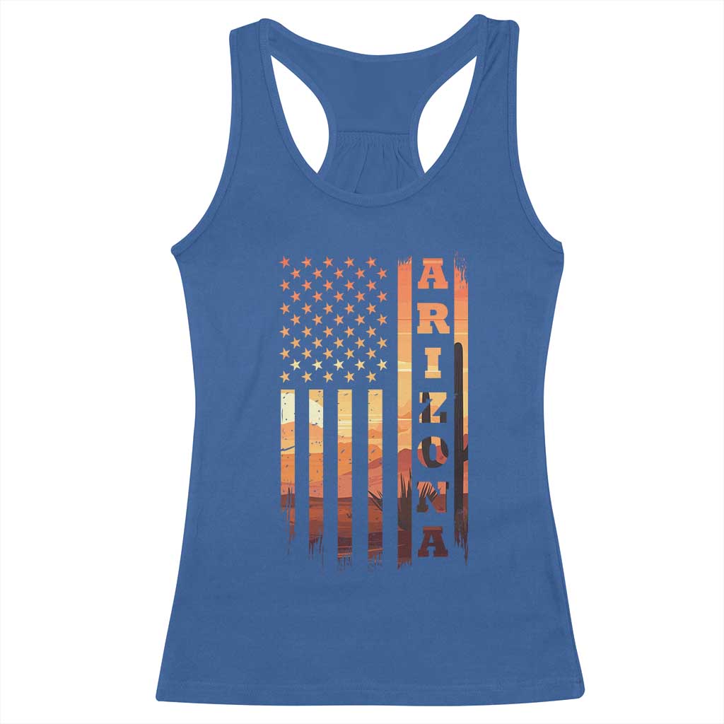 Patriotic Arizona Flag Sunset Graphic Racerback Tank Top American Flag Southwest Desert Saguaro Cactus State Pride Souvenir