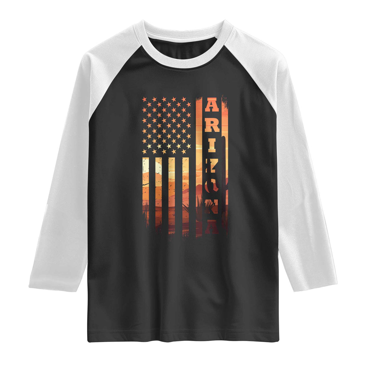 Patriotic Arizona Flag Sunset Graphic Raglan Shirt American Flag Southwest Desert Saguaro Cactus State Pride Souvenir