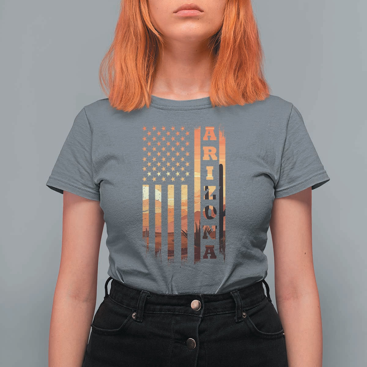 Patriotic Arizona Flag Sunset Graphic T Shirt For Women American Flag Southwest Desert Saguaro Cactus State Pride Souvenir