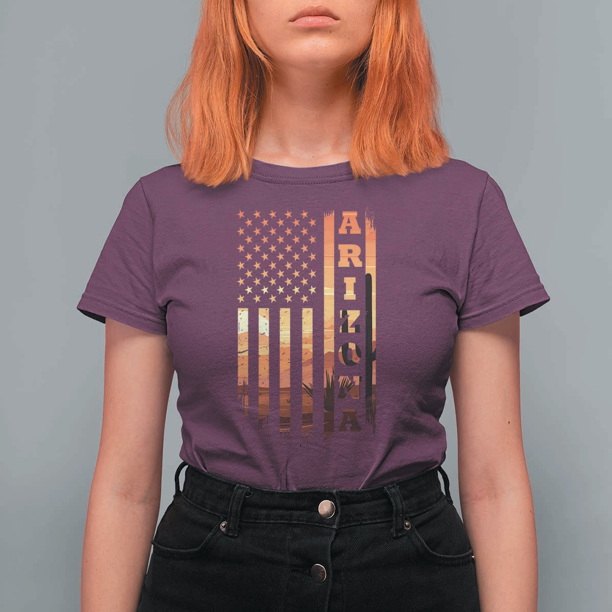 Patriotic Arizona Flag Sunset Graphic T Shirt For Women American Flag Southwest Desert Saguaro Cactus State Pride Souvenir