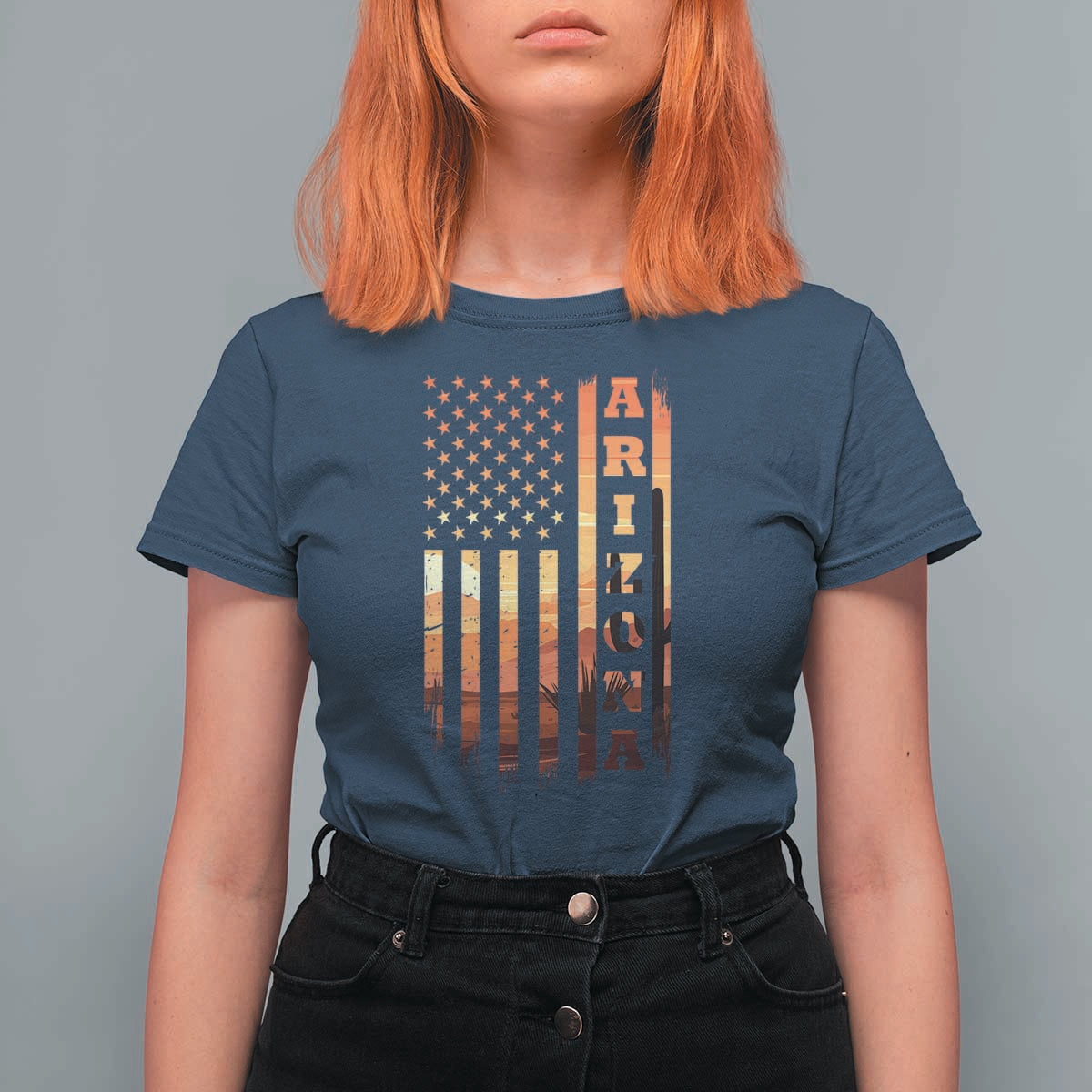 Patriotic Arizona Flag Sunset Graphic T Shirt For Women American Flag Southwest Desert Saguaro Cactus State Pride Souvenir