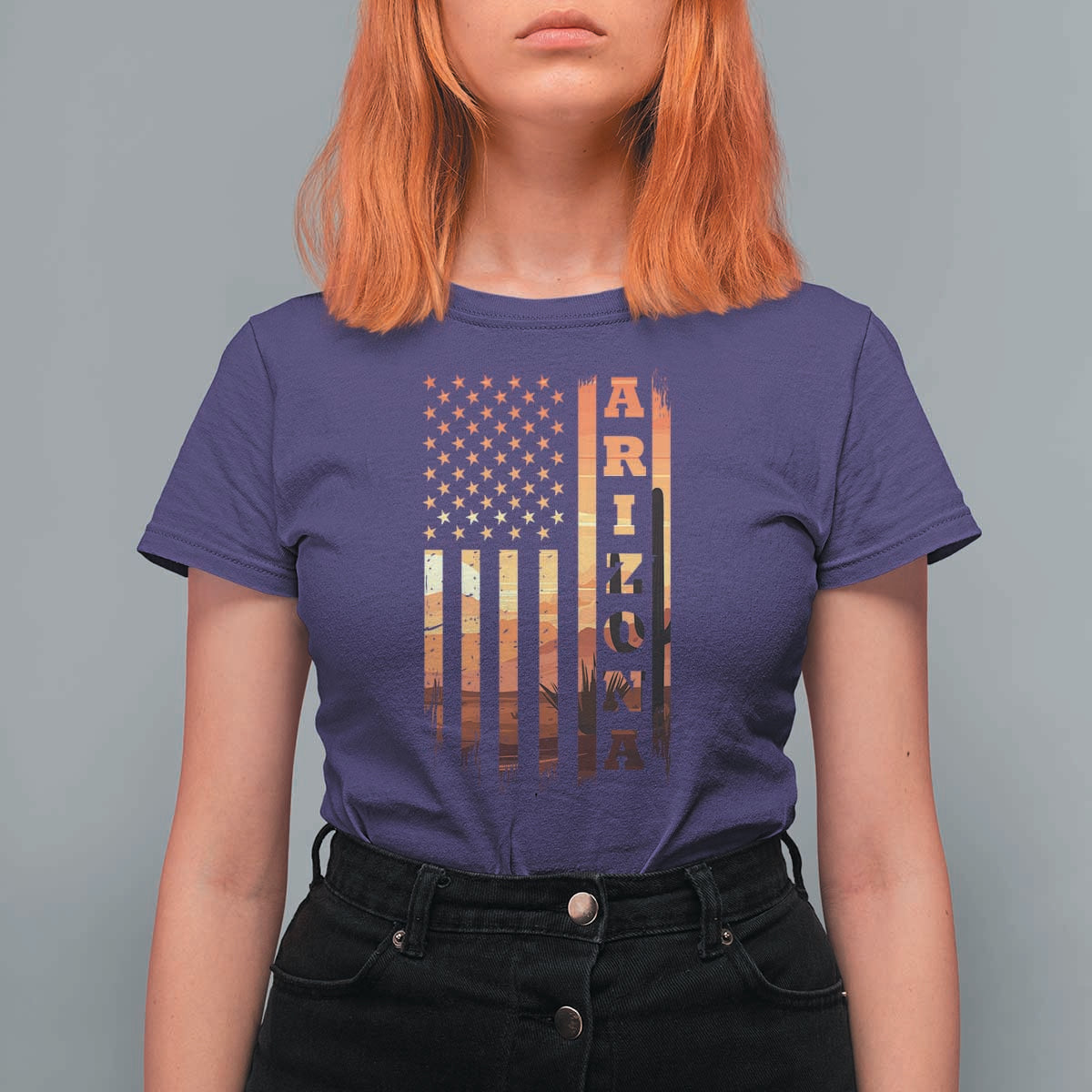 Patriotic Arizona Flag Sunset Graphic T Shirt For Women American Flag Southwest Desert Saguaro Cactus State Pride Souvenir