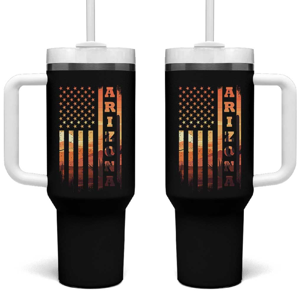 Patriotic Arizona Flag Sunset Graphic Tumbler With Handle American Flag Southwest Desert Saguaro Cactus State Pride Souvenir