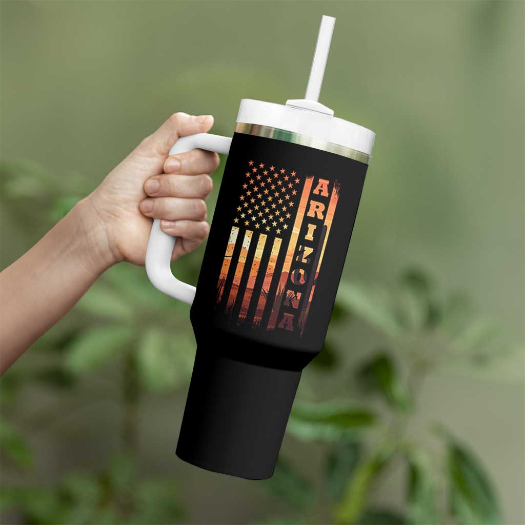 Patriotic Arizona Flag Sunset Graphic Tumbler With Handle American Flag Southwest Desert Saguaro Cactus State Pride Souvenir