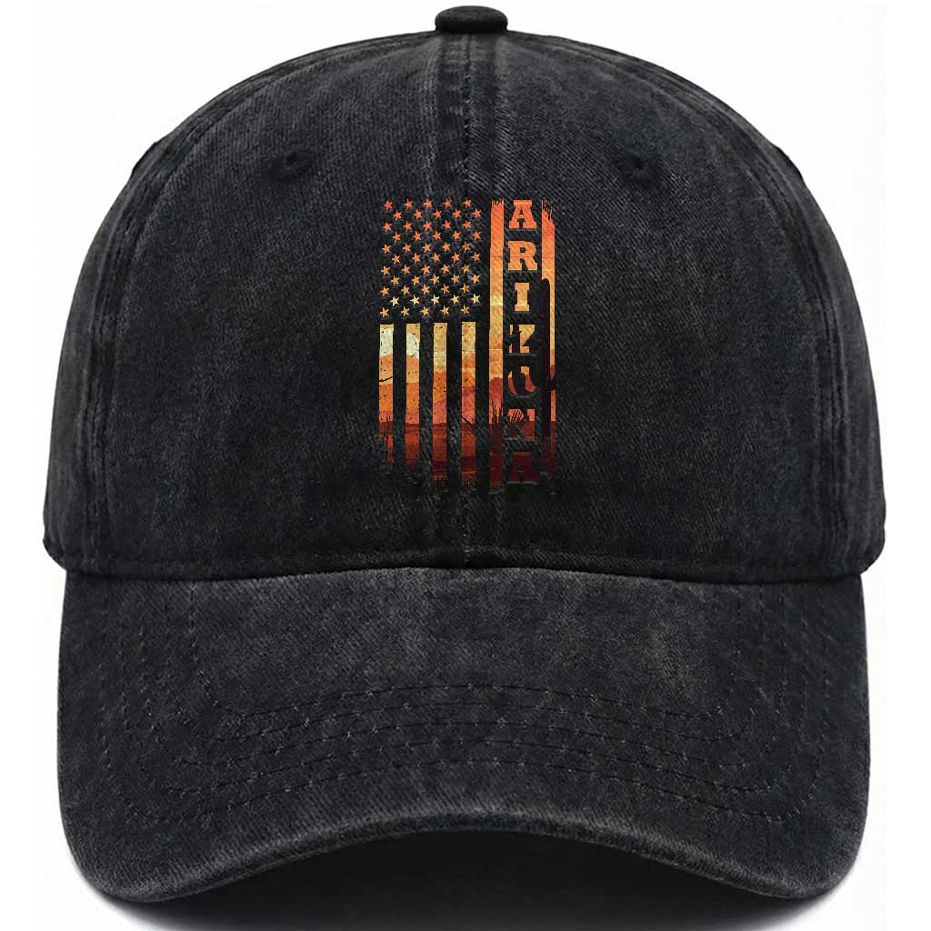 Patriotic Arizona Flag Sunset Graphic Washed Cotton Baseball Cap American Flag Southwest Desert Saguaro Cactus State Pride Souvenir