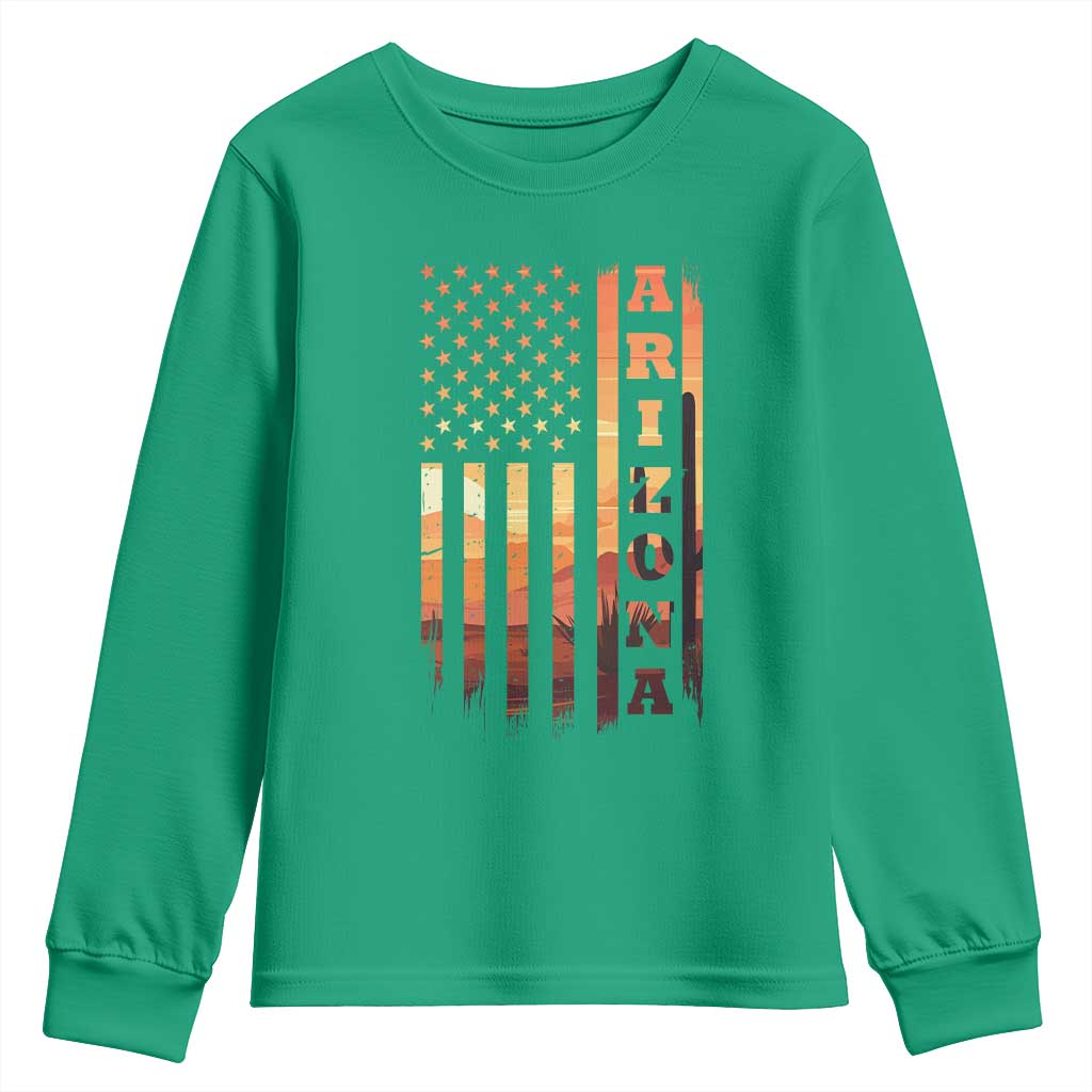 Patriotic Arizona Flag Sunset Graphic Youth Sweatshirt American Flag Southwest Desert Saguaro Cactus State Pride Souvenir