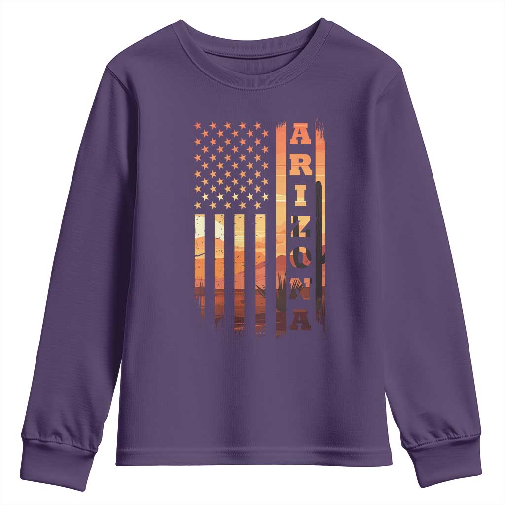 Patriotic Arizona Flag Sunset Graphic Youth Sweatshirt American Flag Southwest Desert Saguaro Cactus State Pride Souvenir