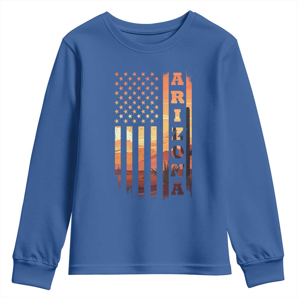 Patriotic Arizona Flag Sunset Graphic Youth Sweatshirt American Flag Southwest Desert Saguaro Cactus State Pride Souvenir