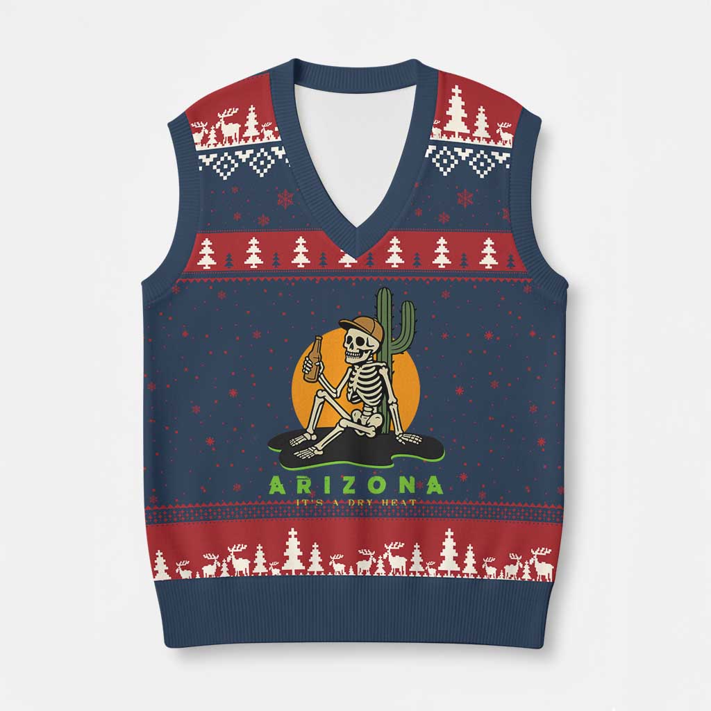 Funny Arizona Its A Dry Heat Skeleton Graphic V-Neck Knit Sweater Vest Vintage Desert Drinking Beer Saguaro Cactus Souvenir