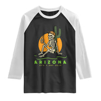 Funny Arizona Its A Dry Heat Skeleton Graphic Raglan Shirt Vintage Desert Drinking Beer Saguaro Cactus Souvenir