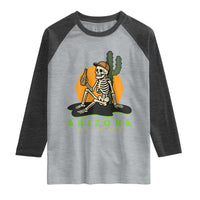 Funny Arizona Its A Dry Heat Skeleton Graphic Raglan Shirt Vintage Desert Drinking Beer Saguaro Cactus Souvenir