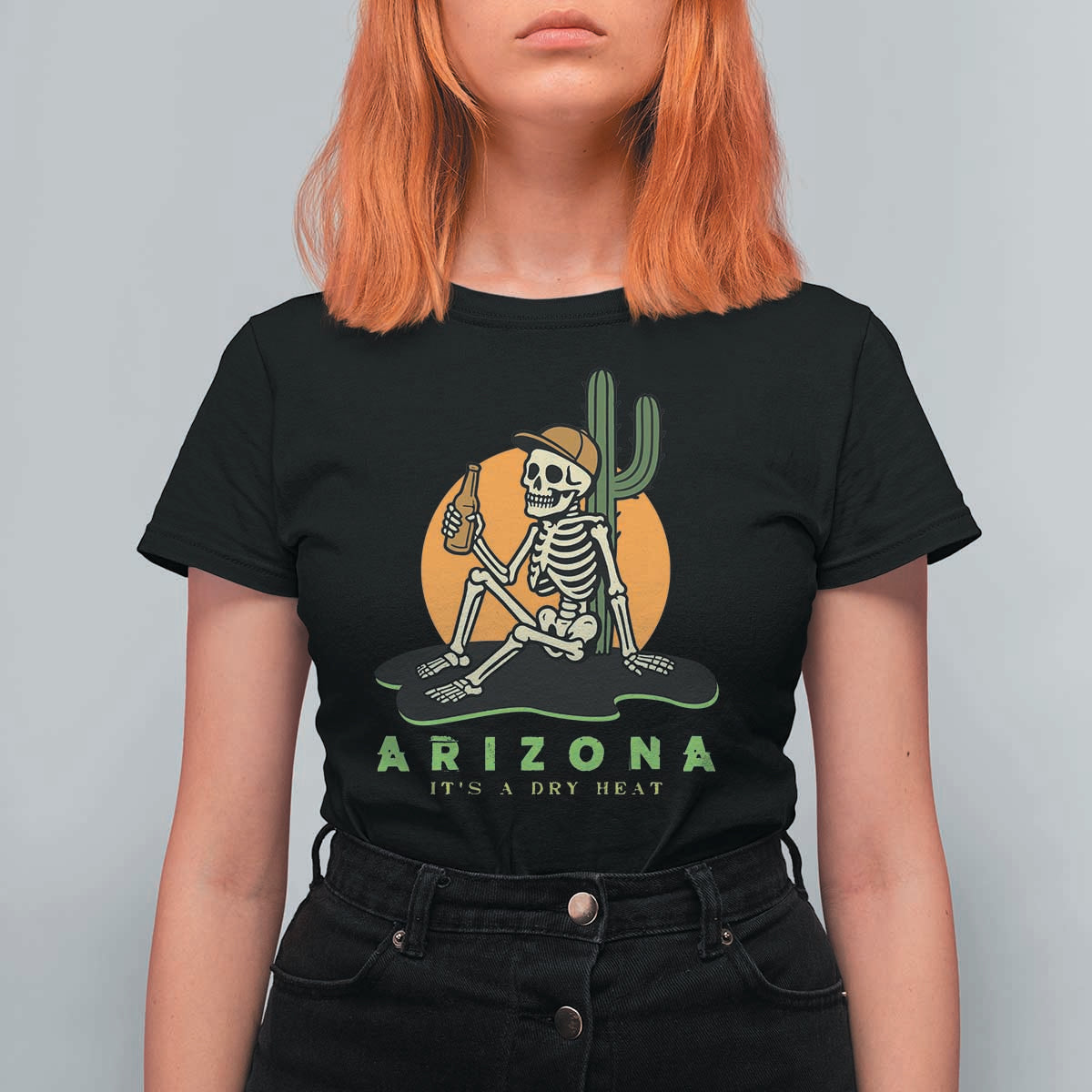 Funny Arizona Its A Dry Heat Skeleton Graphic T Shirt For Women Vintage Desert Drinking Beer Saguaro Cactus Souvenir