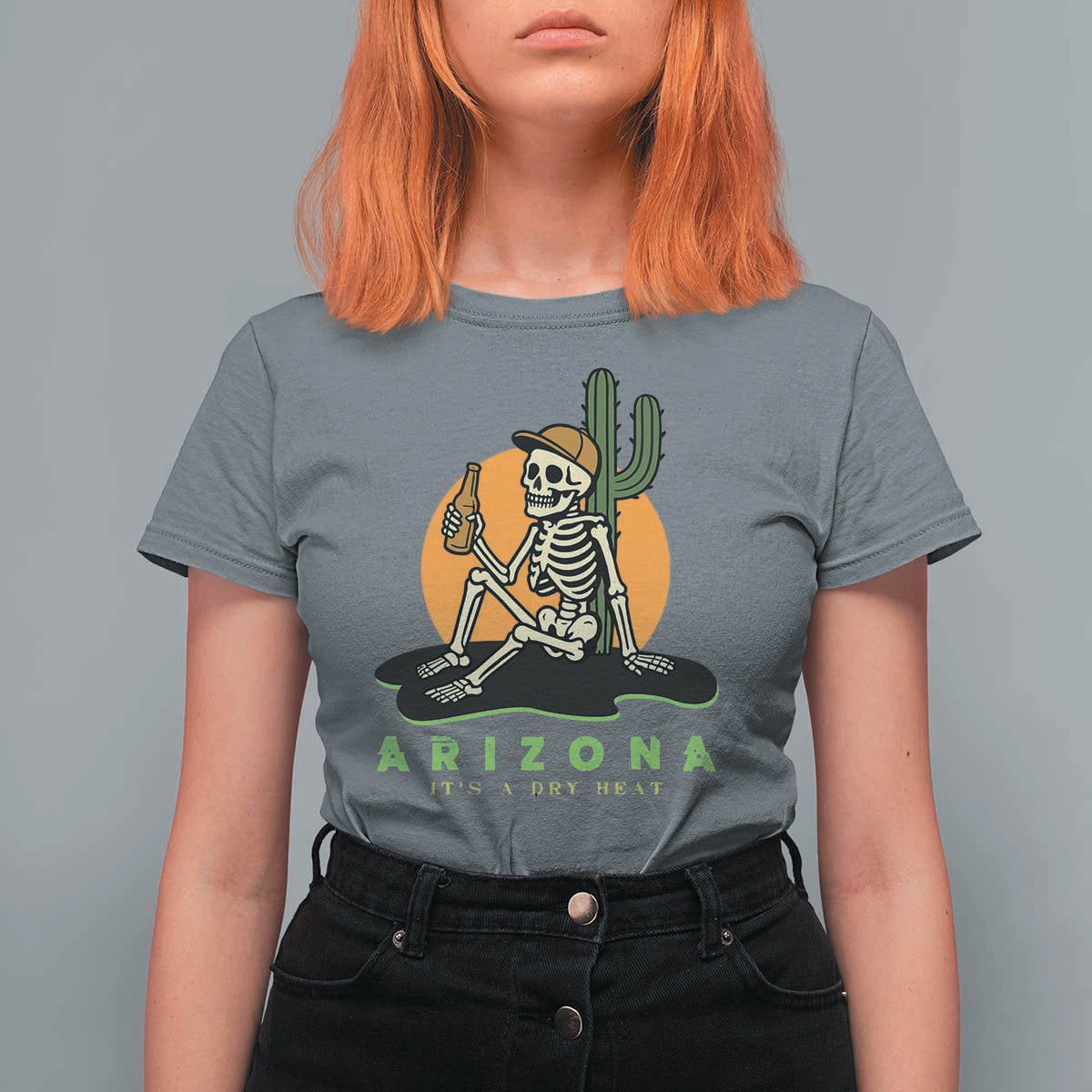 Funny Arizona Its A Dry Heat Skeleton Graphic T Shirt For Women Vintage Desert Drinking Beer Saguaro Cactus Souvenir