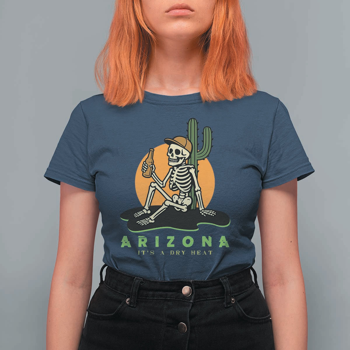 Funny Arizona Its A Dry Heat Skeleton Graphic T Shirt For Women Vintage Desert Drinking Beer Saguaro Cactus Souvenir