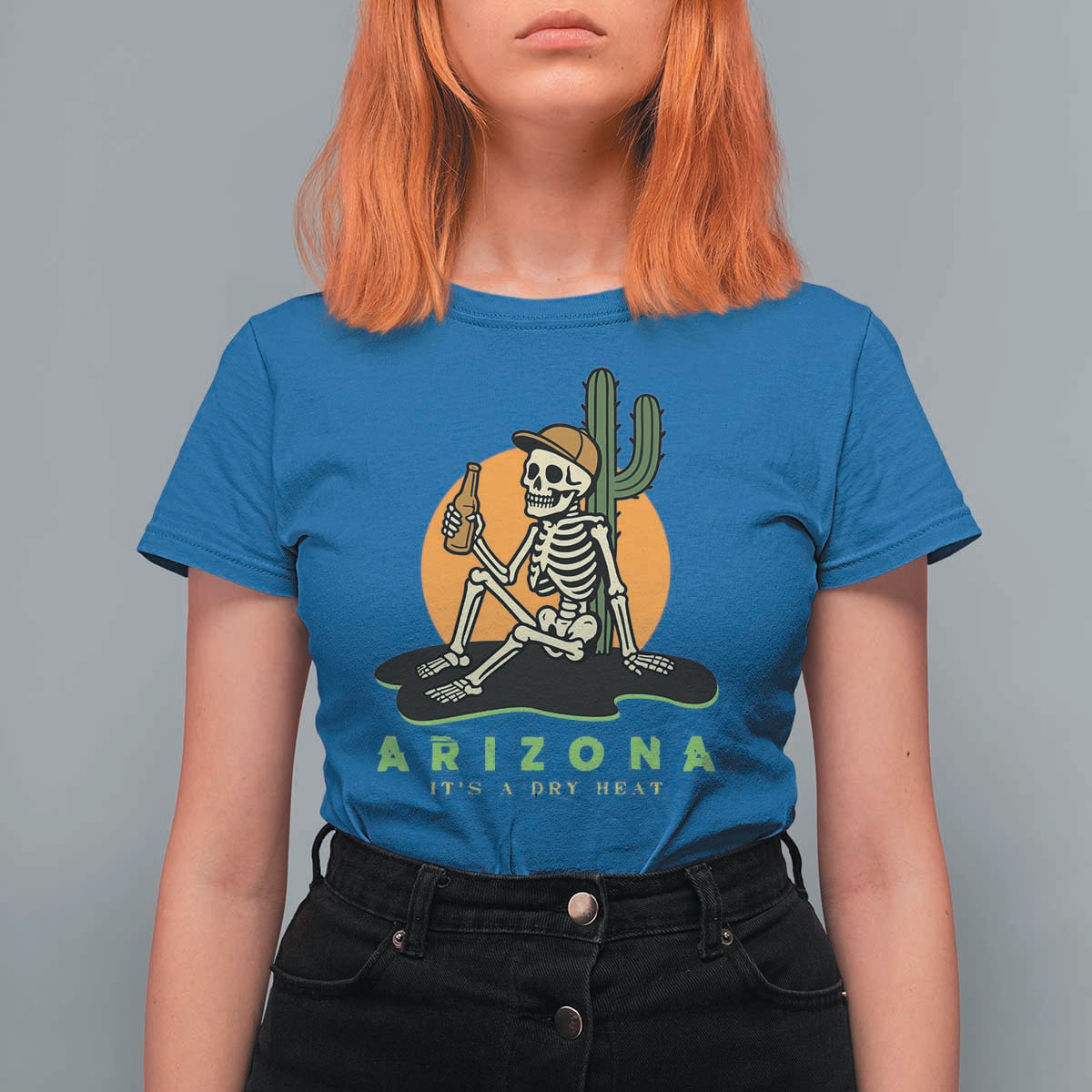 Funny Arizona Its A Dry Heat Skeleton Graphic T Shirt For Women Vintage Desert Drinking Beer Saguaro Cactus Souvenir