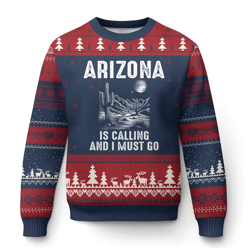 Retro Arizona Is Calling And I Must Go Graphic Ugly Christmas Sweater Outdoor Desert Cactus Mountain Travel Souvenir