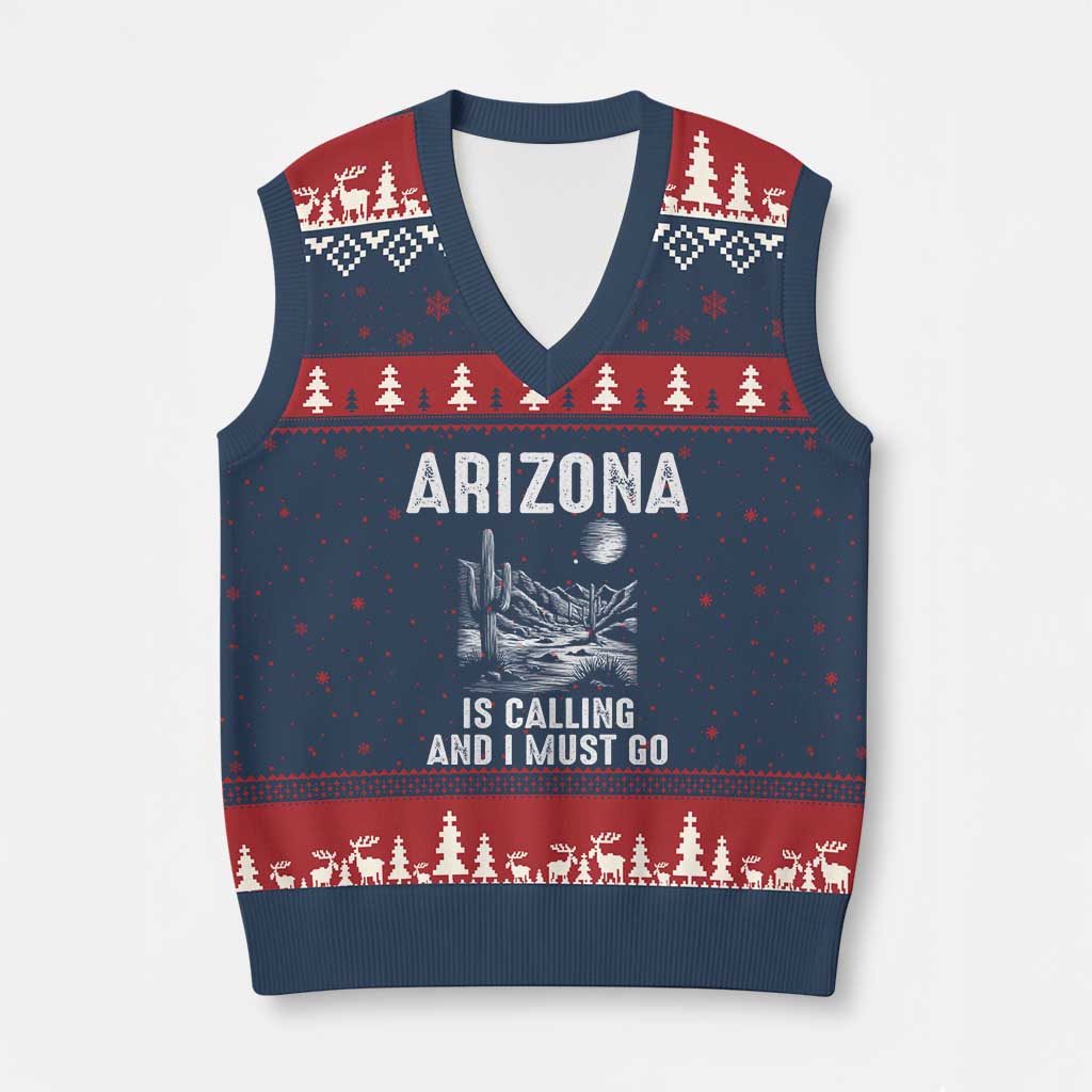 Retro Arizona Is Calling And I Must Go Graphic V-Neck Knit Sweater Vest Outdoor Desert Cactus Mountain Travel Souvenir