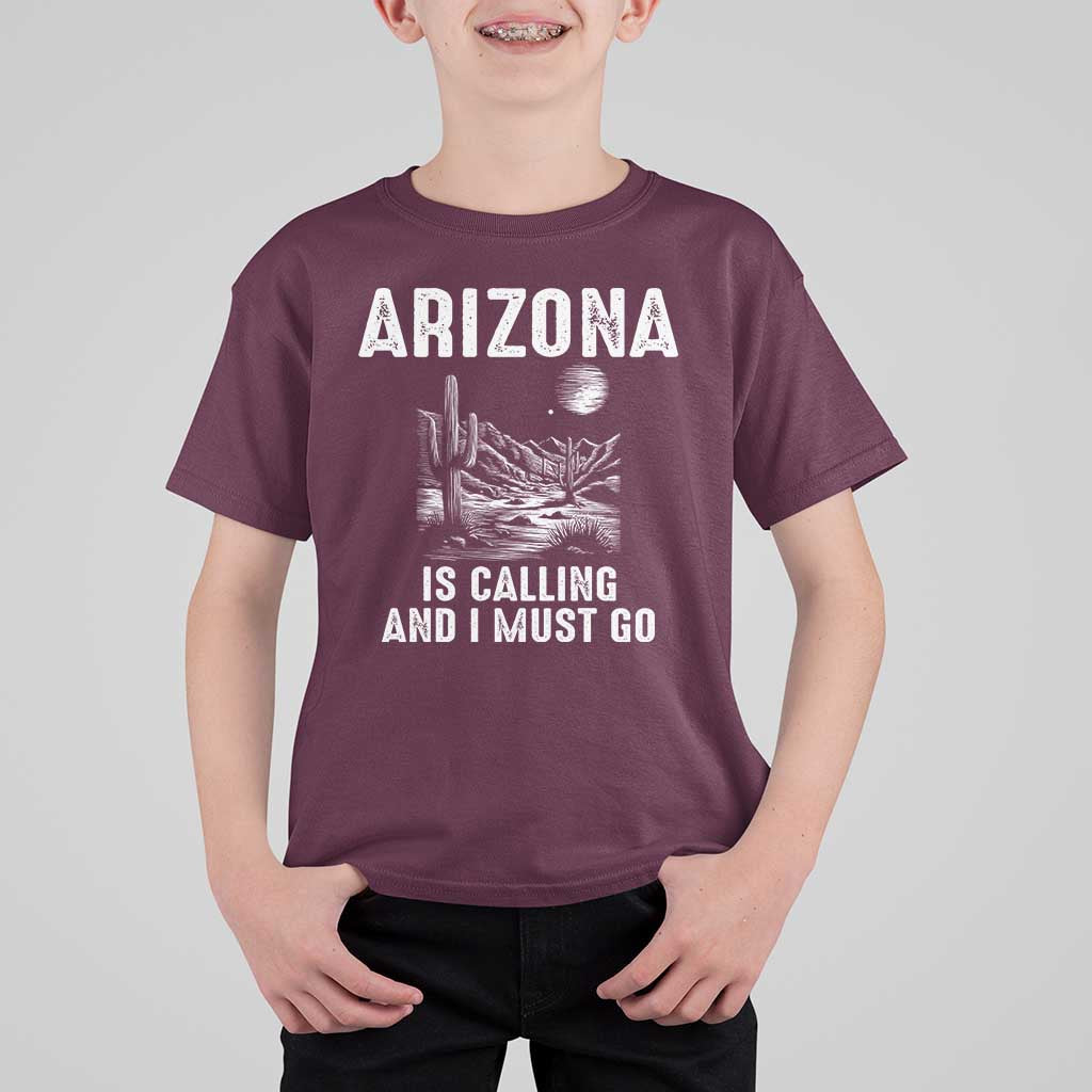 Retro Arizona Is Calling And I Must Go Graphic T Shirt For Kid Outdoor Desert Cactus Mountain Travel Souvenir