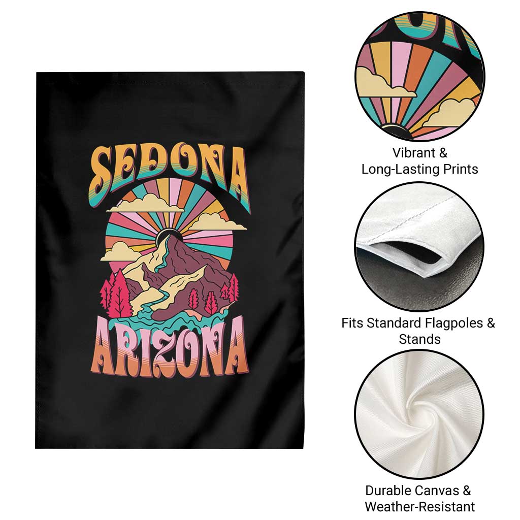 Vintage Retro Sedona Arizona Graphic Garden Flag Psychedelic Red Rock Mountain Sunset Travel Souvenir