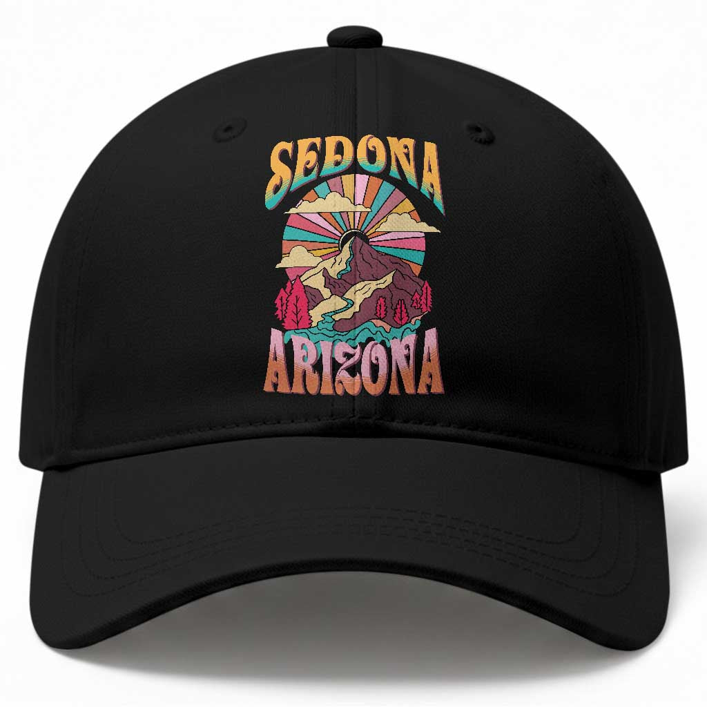 Vintage Retro Sedona Arizona Graphic Baseball Cap Psychedelic Red Rock Mountain Sunset Travel Souvenir