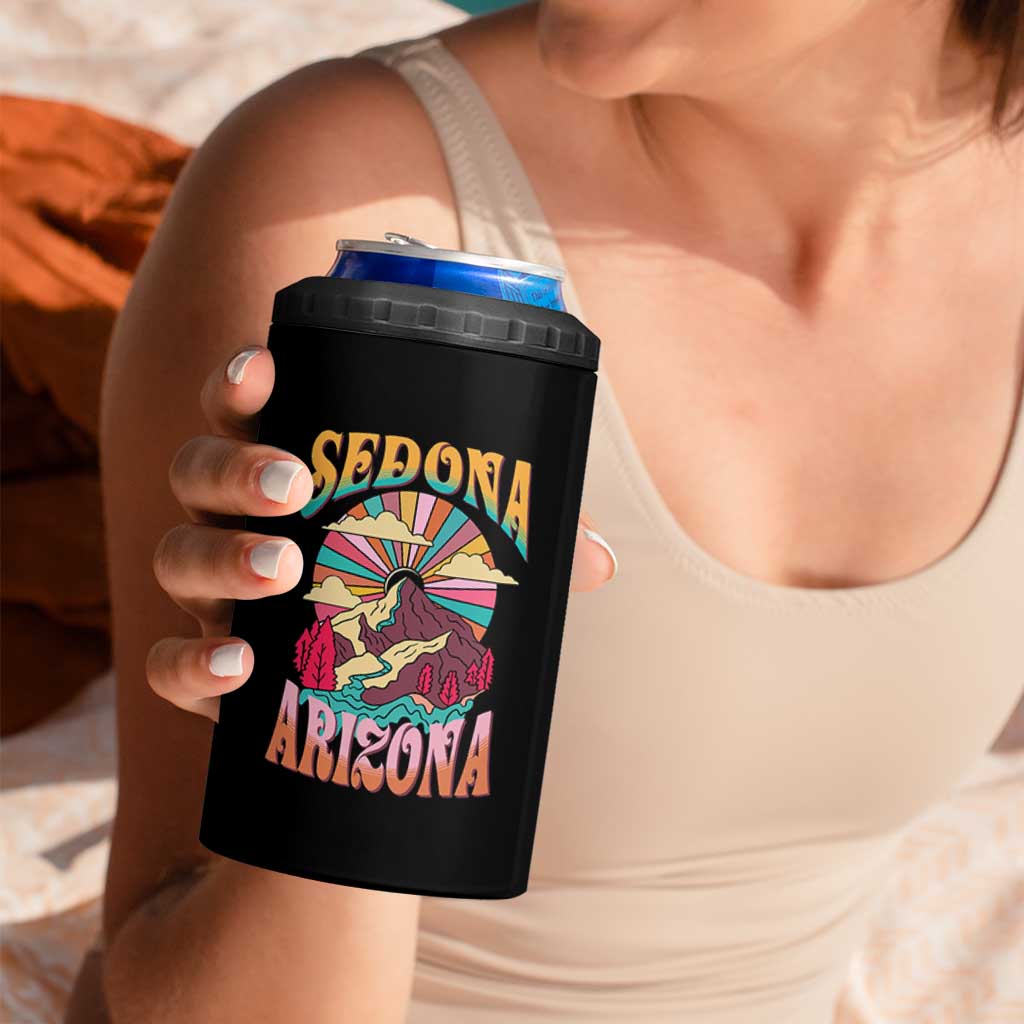 Vintage Retro Sedona Arizona Graphic 4 in 1 Can Cooler Tumbler Psychedelic Red Rock Mountain Sunset Travel Souvenir