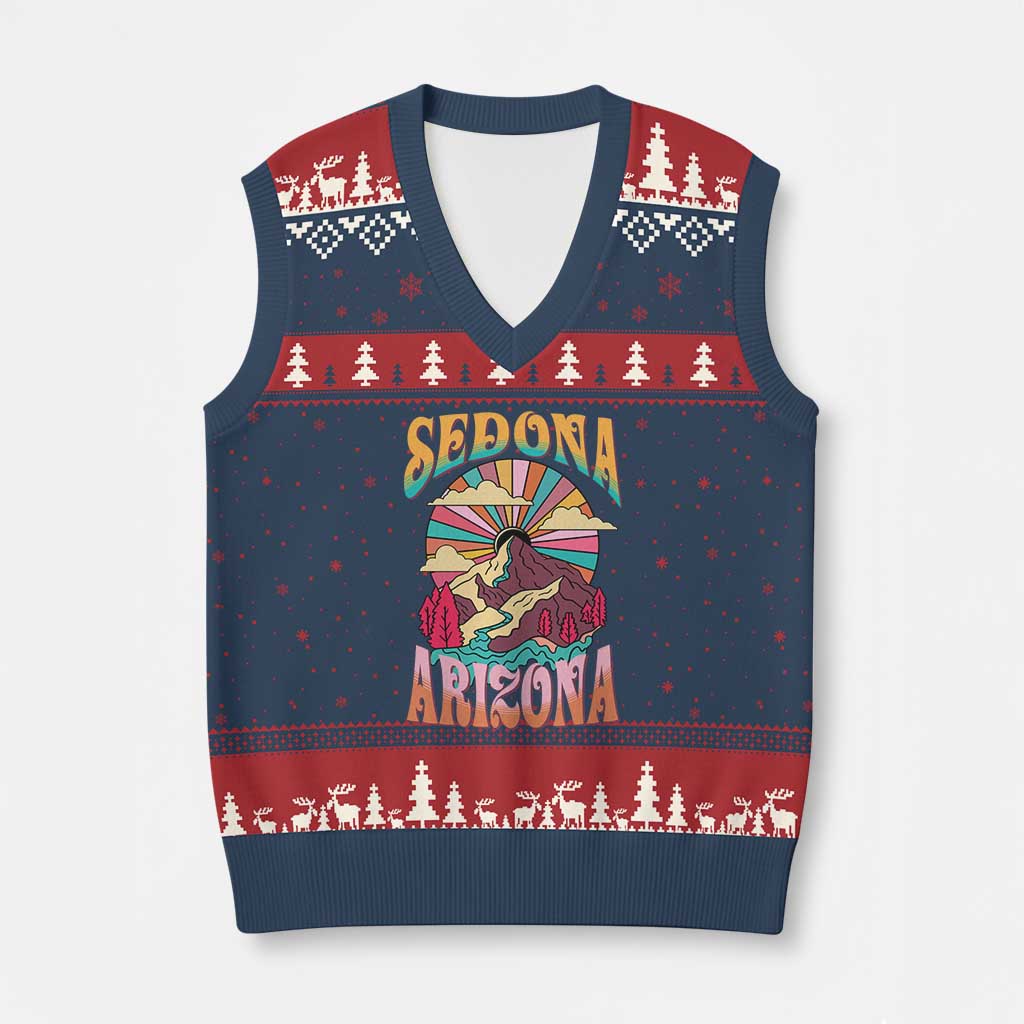 Vintage Retro Sedona Arizona Graphic V-Neck Knit Sweater Vest Psychedelic Red Rock Mountain Sunset Travel Souvenir