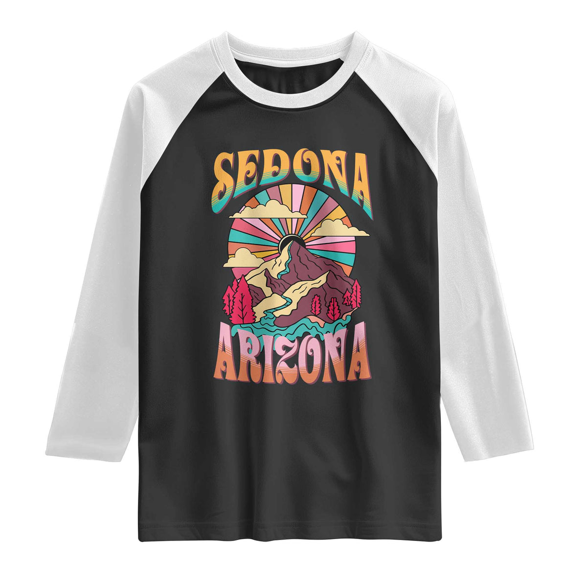 Vintage Retro Sedona Arizona Graphic Raglan Shirt Psychedelic Red Rock Mountain Sunset Travel Souvenir