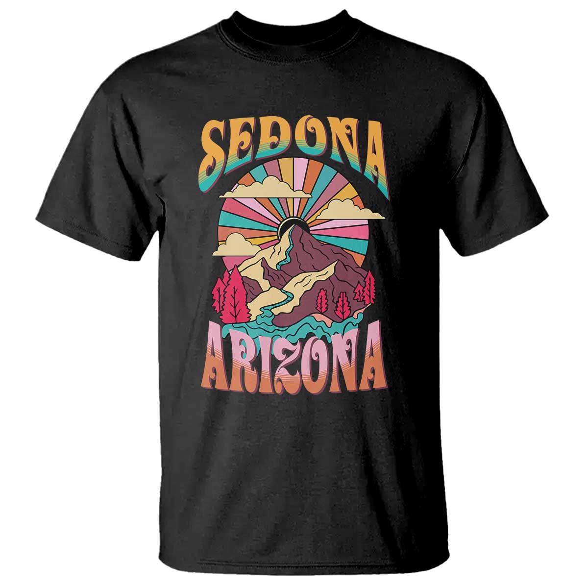 Vintage Retro Sedona Arizona Graphic T Shirt Psychedelic Red Rock Mountain Sunset Travel Souvenir