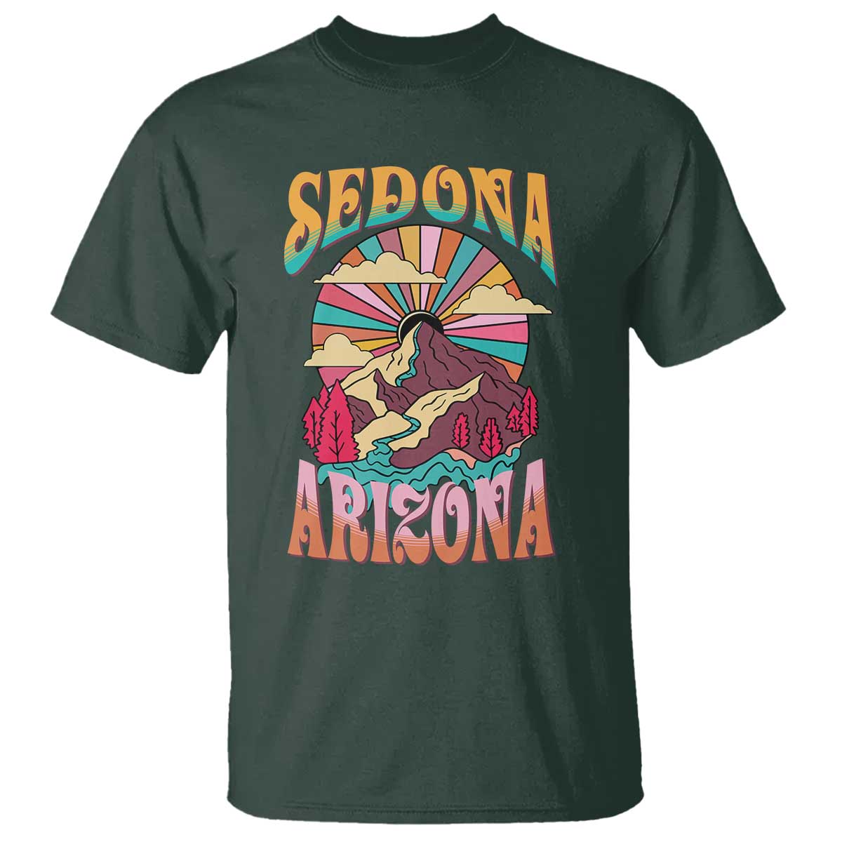 Vintage Retro Sedona Arizona Graphic T Shirt Psychedelic Red Rock Mountain Sunset Travel Souvenir