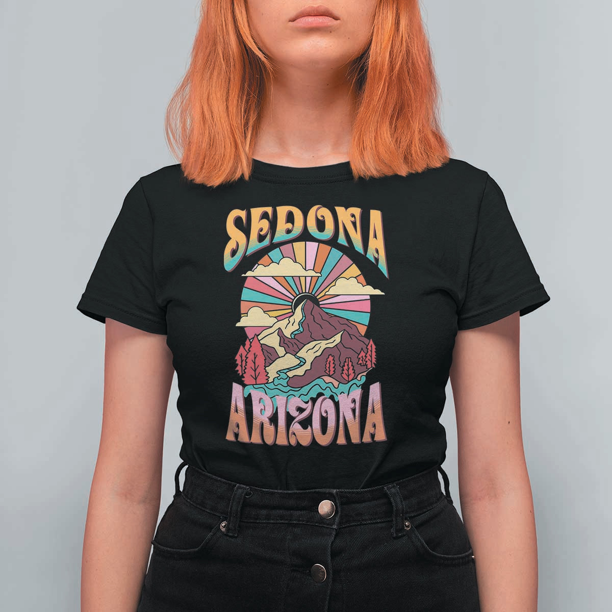 Vintage Retro Sedona Arizona Graphic T Shirt For Women Psychedelic Red Rock Mountain Sunset Travel Souvenir